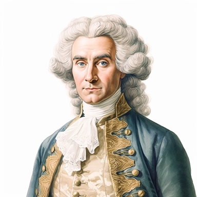 A hyper-realistic portrait of an 18th-century gentleman with a powdered wig and diamond-decorated waistcoat watercolor clipart, white background