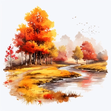 a single clipart image png graphic of a Realistic Painting Clipart Season Autumn Fall Landscape PNG Illustration