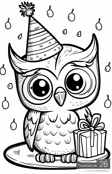 a cute and happy owl's birthday, black and white clipart for a kids coloring page, thin black lines, simple details, accurate features, illustration style