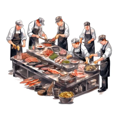 watercolor, Meat, fish, vegetable, and sauces chefs at work in the restaurant. Professional cooks and culinary workers prepare and cook different dishes in the kitchen. png Full body realistic cartoon in 32K UHD cute. 15 cm thick outline. Black color. There was no shadow on the ground. 8k with realistic watercolors and detailed illustrations. PNG clipart, transparent white background