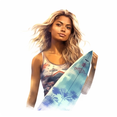 beautiful stunning pretty young surfer hawaiian woman , paint art style, clipart, white background, superrealistic, one of a kind