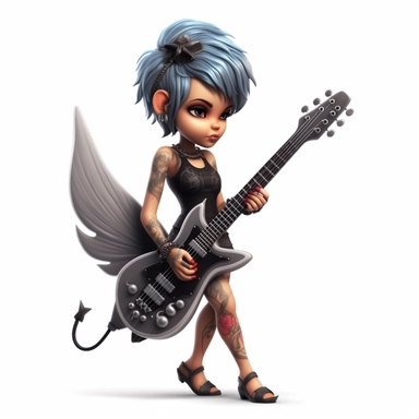 a fairy dressed as a punk rockstar, big wings, playing electric guitar, tattoes, full body image, pixar style, clipart