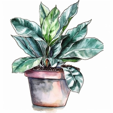 single houseplant in pot, watercolor clipart, beautiful houseplant , landscape art, scrapbook, black contour around the leaves,