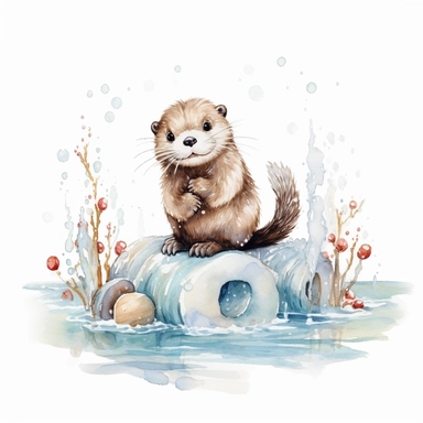 Cute otter sliding on the ice, surrounded by frozen bubbles, white background, watercolor clipart