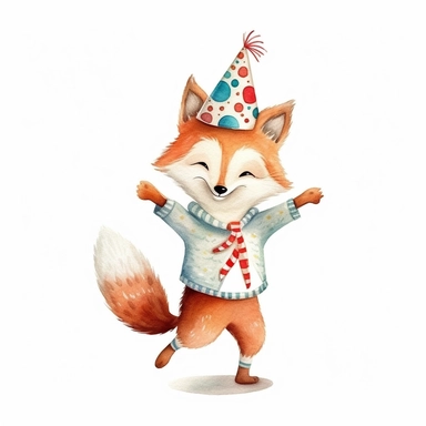 adorable birthday fox dancing, handpaint watercolor, high resolution, cartoon style, watercolor clipart,