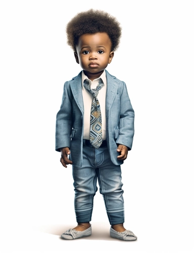 hasselblad 24 mm full body shot of a gorgeous african american baby boy very well dressed with Blue Eyes, clipart, Composition: Relaxed position with intricate high hairstyle, smiling, Style: Solarpunk, white background, hyperrealism, 32k