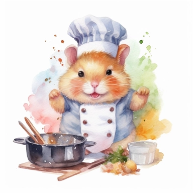 watercolor clipart, A cute chubby hamster, in style cook, ultra detailed, wearing a chef's hat, Cooking food in the kitchen, tasty expression, white background, high solution, no watermark