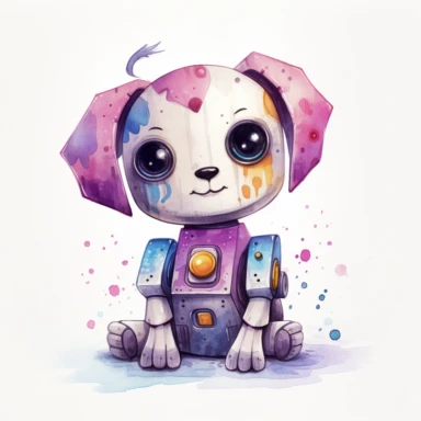 watercolor kawaii robot dog clipart on a white background