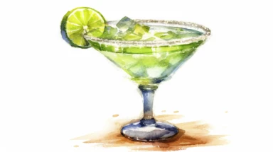 watercolor illustration of Margarita drink in a glass on white background expressive graphic illustration, bold colors, dynamic linework, exaggerated proportions, highly detailed, intricate shading, emotive expressions, digital painting, clipart, mixed media, emotional storytelling, white background,