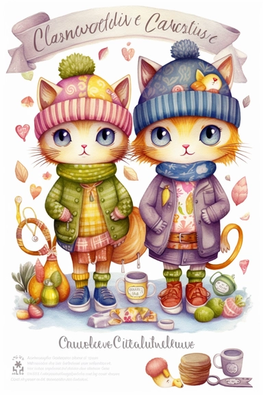 watercolor Clipart, couple Cats in knitted clothes, Cartoon–cute or childlike, Whimsical illustrations, charming, childlike, carefree, dreamy, fun and colorful, cute, watercolor, hand-drawn, digital painting, soft lighting, bird's-eye view, seed1