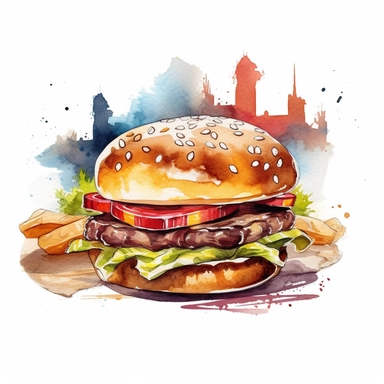 watercolor, a hamburger clipart with a cowboy hat and bandana, ready for a western-themed party q 5