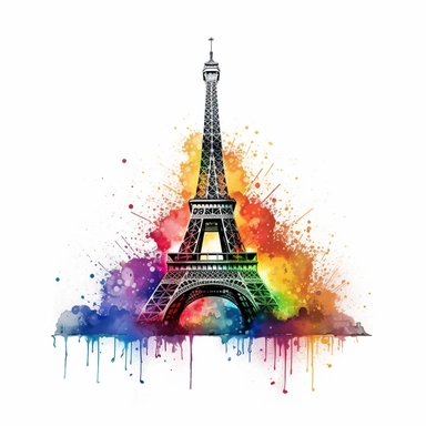 realistic and detailed eiffel tower with rainbow splash of watercolour in the background clipart on a white background