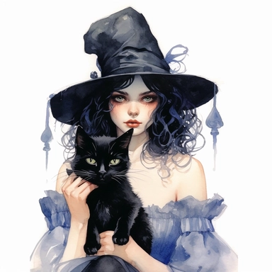 a witch wearing a pointy hat. She must have black hair and blue eyes. The top of her dress is black and the collar a white ruffle. She must be wearing jewelry specifically a pentagram necklace. She should also be holding a black cat, watercolor, photorealism, clipart, white background