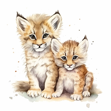 woodland animal cute baby lynx with brother watercolor clipart on white background detailed