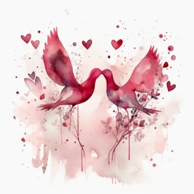 An endearing watercolor scene of love, captured on a white background. Clipart on a white Background. This illustration features two hearts that are whimsically drawn to look as if they are in mid-flight, towards each other. The hearts are painted in shades of deep red and soft pink, with delicate brush strokes that provide a hand-painted texture. Between them, a small 'kiss' is depicted in the form of two tiny lines converging - symbolic of their connection. The overall image exudes warmth and 