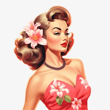 beautiful pretty pin up woman, makeup and hair vintage 50's style, hawaiian flower and dress, paint art style, detail, clipart, white background, superrealistic, one of a kind