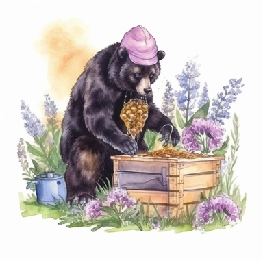 hand drawn black bear that is wearing a beekeeper outfit, smoking the beehive and honey and honeycomb is in crates, bumblebees, purple flowers and grass, very detailed, very realistic, watercolor, clipart style
