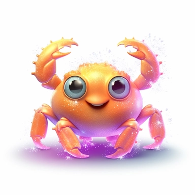 Cartoon cute crab, in the style of magali villeneuve, on a white background, Clipart, pastel neon colors, whimsical, magical, children illustration, twinkling lights, beautiful, sparkly, girly, feminine, engaging, High definition, 2D, HD, isolated on white background