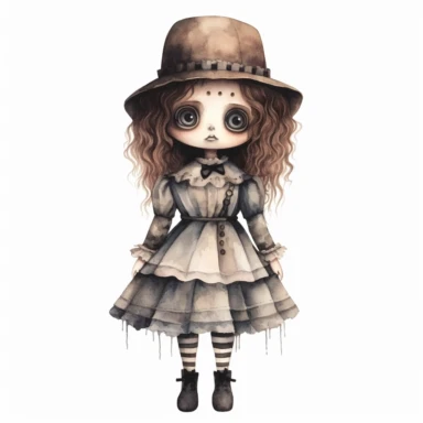 mystical dark scary watecolor halloween evil horror doll clipart, hd 4k, detailed, focused, isolated on white background