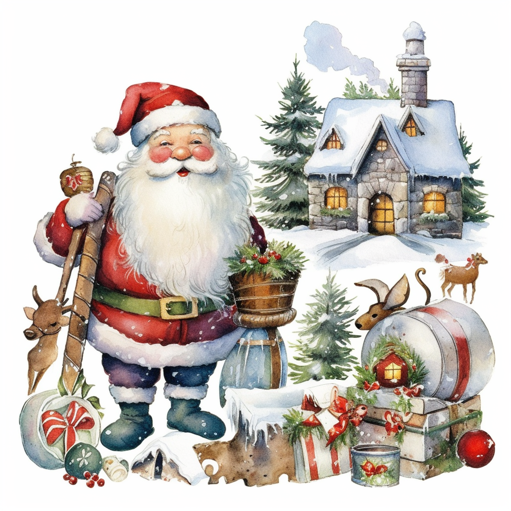 Water Color Santa Claus Christmas tree Gift - giving Reindeer Candy ...