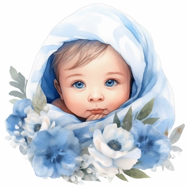 an ultra cute baby boy wrapped in a blue blanket, flower bomb, summer, Watercolor white background clipart