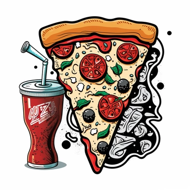 hand drawn cartoon of a pizza and coke doodle, clipart, white background