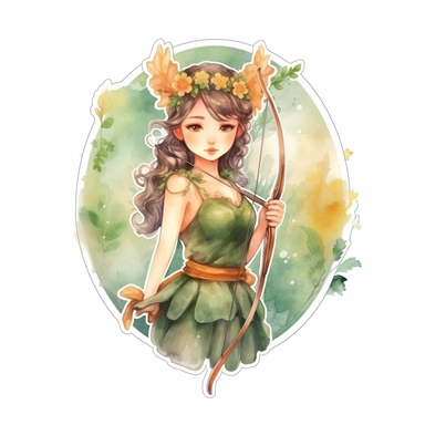cute beautiful lady archer with bow on back, Horoscope, Astrology, forest theme, Watercolor Sagittarius Zodiac Sign Clipart sticker design, 8k, detailed white background, uplighted