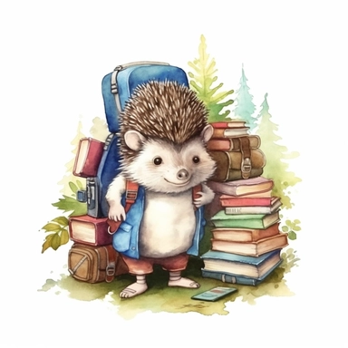 an adventurous watercolor clipart image with a white background, featuring a hedgehog bookworm with a backpack filled with books, embarking on a reading expedition through a forest of knowledge.