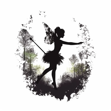 black silhouettes of cute fairy flying with magic wand in the forest, clipart with white background, watercolor style, clearly defined separate image, high quality--ar3:4-no mockups, watermarks, numbers, writing, letters--q2--v5.1--s1000