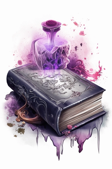 hyper realistic Spell book: Design a clipart of a spell book with a gothic twist. You can add some occult symbols, dark colors, or creepy-looking creatures to make it more witchy watercolor illustration, color palette Violet, eggplant,diesel,dusty gray,cannon pink, tamarind,mulled wine,charade ,realistic,symmetry,png white background