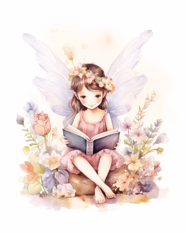very simple watercolour childrens book style drawing of a cute fairy reading a book surrounded by flowers, pastel colours soft on white background for clipart, 8k