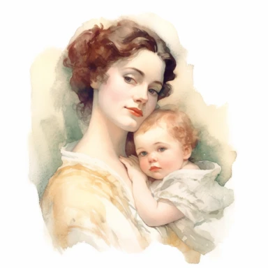 beautiful detailed watercolor of mother with newborn infant, old fashioned, 1920's, idealistic, white, clean, clipart