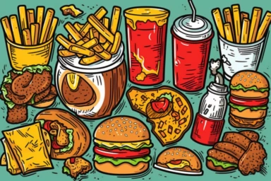 Fast Food Doodle. Icons Hand Drawn. Vector Clip Art. Sketch Famous Food. Restaurant Menu.