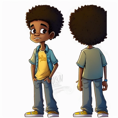 son of Draymon, 7 year old black man, illustration for children's book, multiple angles, back facing camera, arms extended, 360 degree character, front back, side view, 7 years old, curly black and gray faded flat top afro, large eyes, wearing blue jeans, yellow shirt, brown shoes, Watercolor Clipart, strybk, full Illustration, 4k, sharp focus, watercolor, smooth soft skin, symmetrical, soft lighting, detailed face, watercolor style, strybk, Octane rendering, 3d. Perfect face, detailed face, del