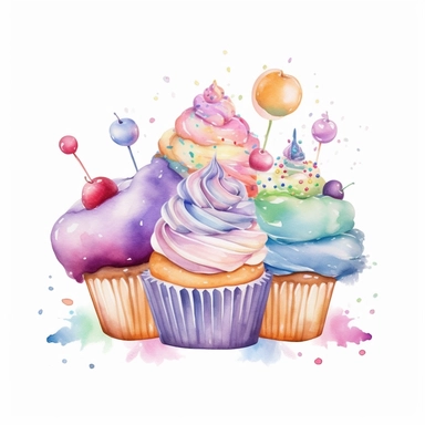 whimsical watercolour cute clip art party food on white background, gradient illustration style, pastels, clipart, beautiful, colourfull, png transparent white background, high resolution, no caption q4 s2