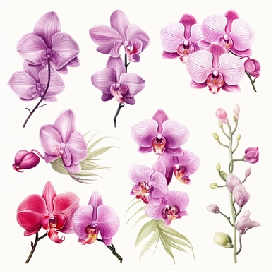 In the midst of your design journey, it's time to create eye-catching orchid clipart that will add a touch of sophistication to the corners of invitations. Your task is to develop a versatile orchid clipart design, isolated on a clear white background. Consider the lines, shapes, and intricate details that make orchids unique. Embrace your artistic style, whether it's whimsical, realistic, or minimalist, and create a set of clipart elements that capture the essence of these enchanting flowers. S