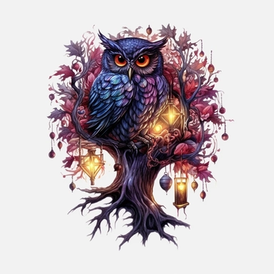 Watercolour dark fantasy black royal gothic deadly nightshade tree stood with dark magic books with deadly nightshade lanterns magnificent gothic owl stood on tree with mesmerising compelling features perfect magnificent detailed wings beautiful compelling realistic eyes PNG image ultra highly detailed, 18k, sharp focus, bright photo with rich colours digitally enhanced, enhanced graphics, straight, sharp focus, bright lighting, intricate detailed png image ,high definition,300dpi,graphic clipar