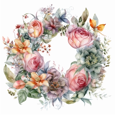 Watercolor Painting of BEAUTIFUL WREATH WITH Rose FLOWERS on white background beautiful multi - headed pale, DETAILED ILUSTRATION, Flora Design Patterns, Flemish Baroque by Rachel Ruysch, Behance, Rococo, Intricate Detailed, Soft Light Effect, Oil Paint Strokes, Light Academia Aesthetic Flowers, Lighting cinematic, all shown shimmering stamens, tyndall light, texture, colorful, 8k, fantasy, ray tracing, vivid, spectacular lighting, octane rendering, highly detailed, ultra - realistic, white back