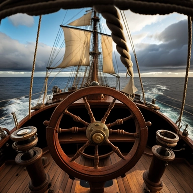 being on the deck of a large clipper ship, looking directly at the captail behid a large steering wheel helm, but the helm itself has design characteristics that look like a cell but rendered in wooden elements so the connection is made that science is a big part of the story behind the image, a sense of discovery. The weather is nice out but most of the image is of the captain and wheel, though we want to show enough of the boat that people know where they're at. The style should be like a pain