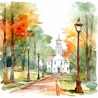 A tree-lined avenue leading to a white country church, adorned with red road lanterns and stair railings, american style, watercolor, clipart
