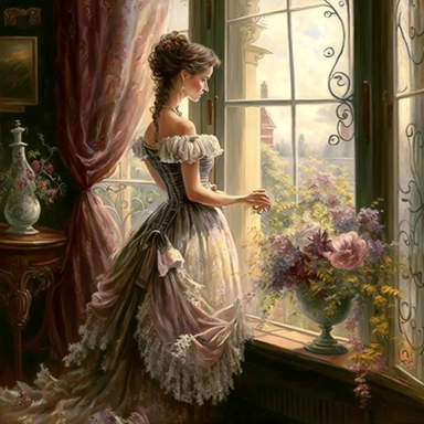 beautiful lady, very detailed, wearing beautiful flowing dress, standing by large victorian window, looking out the window, beautiful romantic bouquet of flowers, beautiful crystal ornate vase, sitting on table with decorative tablecloth, infront of large victorian window with beautiful flowing curtaings, soft colors, crisp colors, ribbon, very detailed, fantasy, romantic, clipart style