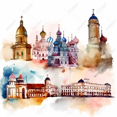Travel clipart famous buildings in the style of Watercolor clip art, clipart, on a white background