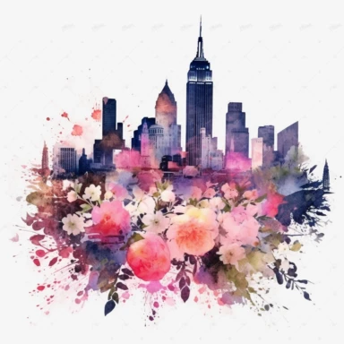 silhouette of New York skyline clipart, surrounded by flowers, watercolor style, white background