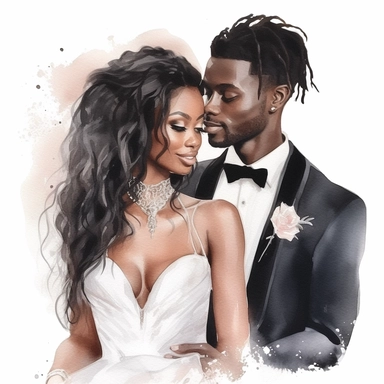 Black skin bride in a white wedding dress with diamonds and with beautiful jewelry, long beautiful hair and the groom in a tuxedo smile watercolor clipart