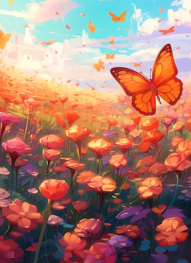 butterflies on a flower field, in the style of 2d game art, nostalgic paintings, 32k uhd, colorful dreamy watercolor scenes, adventure pulp, classical, historical genre scenes, rough-edged 2d animation, watercolor clipart