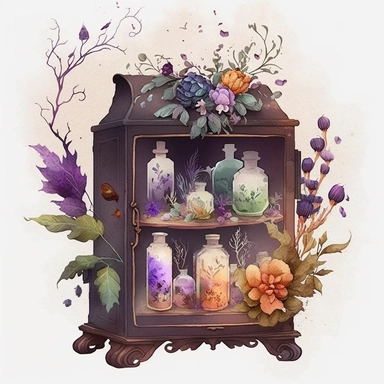 ultra quality details, Witches Apothecary Cabinet, Flower, Watercolour Background, Clipart