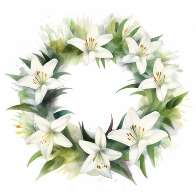 Create a simple, elegant watercolor clipart image of a white Easter lily wreath with many easter lily flowers and their trumpet-shaped petals and long, green stems. The image should be suitable for use in Easter-themed designs and decorations