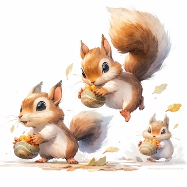 chasing Acorn, squirrel and Acorn, illustration for book, children's book, 2 clipart, fiorucci angels, beautiful decoupage paper, pastel colors, white background clipartm, fantasy art, squirrel ears, perfect eyes, detailed body, Watercolor Clipart, strybk, full Illustration, 4k, sharp focus, watercolor, smooth soft skin, symmetrical, soft lighting, detailed face, concept art, watercolor style, strybk, children's style fairy tales, chibi kawaii, Octane rendering, 3d. Perfect face, detailed face, 