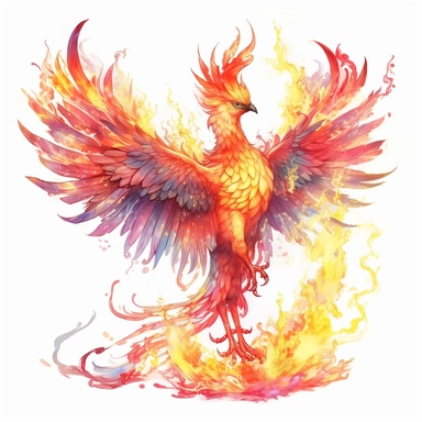a fairy phoenix with glowing red lights on his eyes, fantasy creatures, watercolor, manhwa character design, master of flames, dark red and light yellow, orange, 2d game art, clipart, on white background,