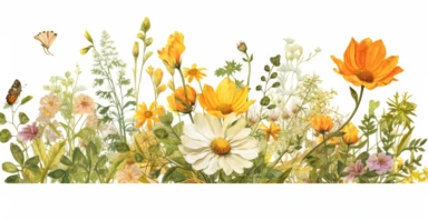 Pressed boho cottagecore floral clipart Peony, ranunculus, sunflower and verbena floral border wildflowers with green foliages floral nature garden border, clipart with white background